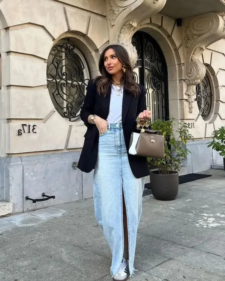 trendy look with maxi denim skirt and blazer