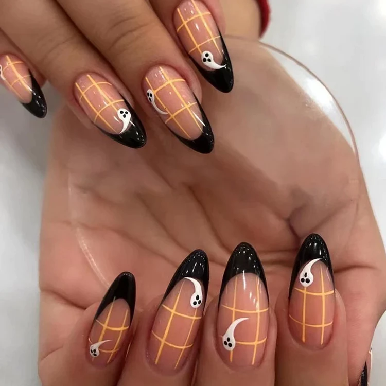 unique halloween nails french manicure black tips white ghosts