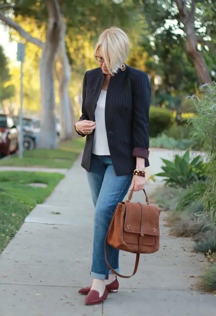 what bag for a 60 year old woman with jeans blazer jacket shoes