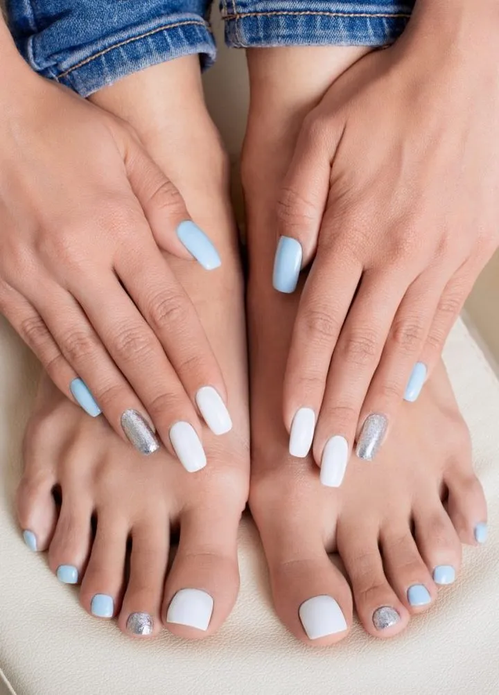 white blue and silver matching mani pedi september fall nails ideas