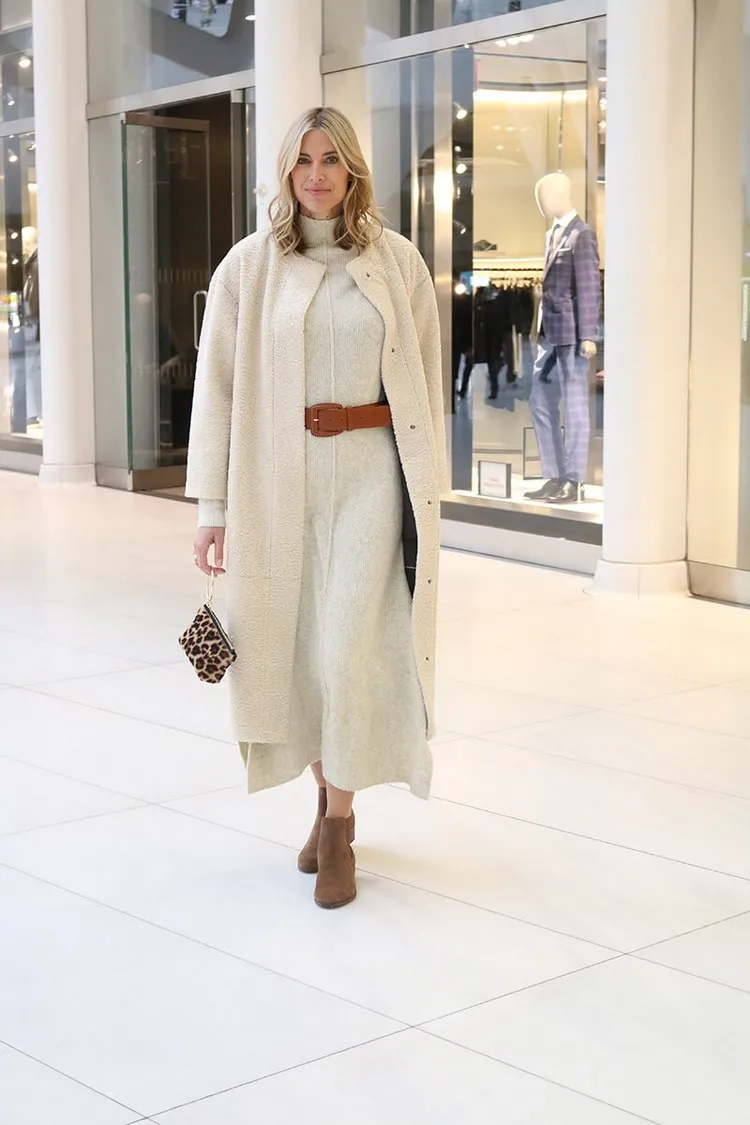 white knit dress and long coat