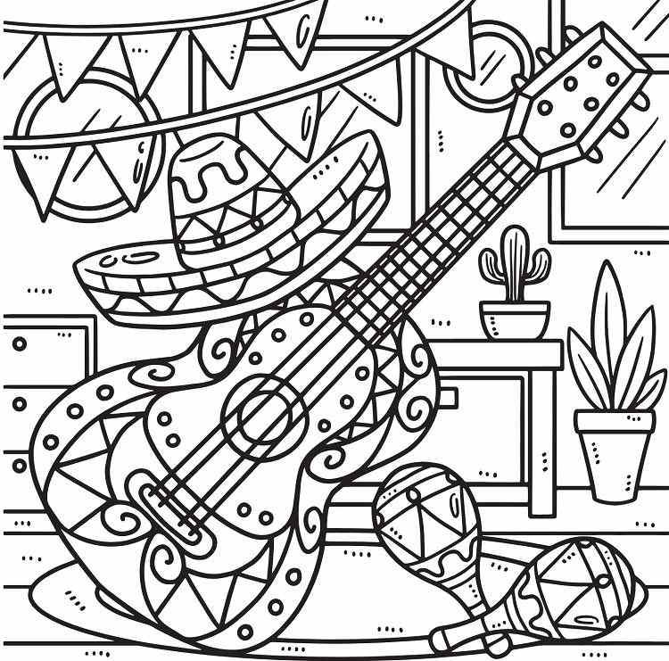wood maracas spanish guitar sombrero free kids coloring page