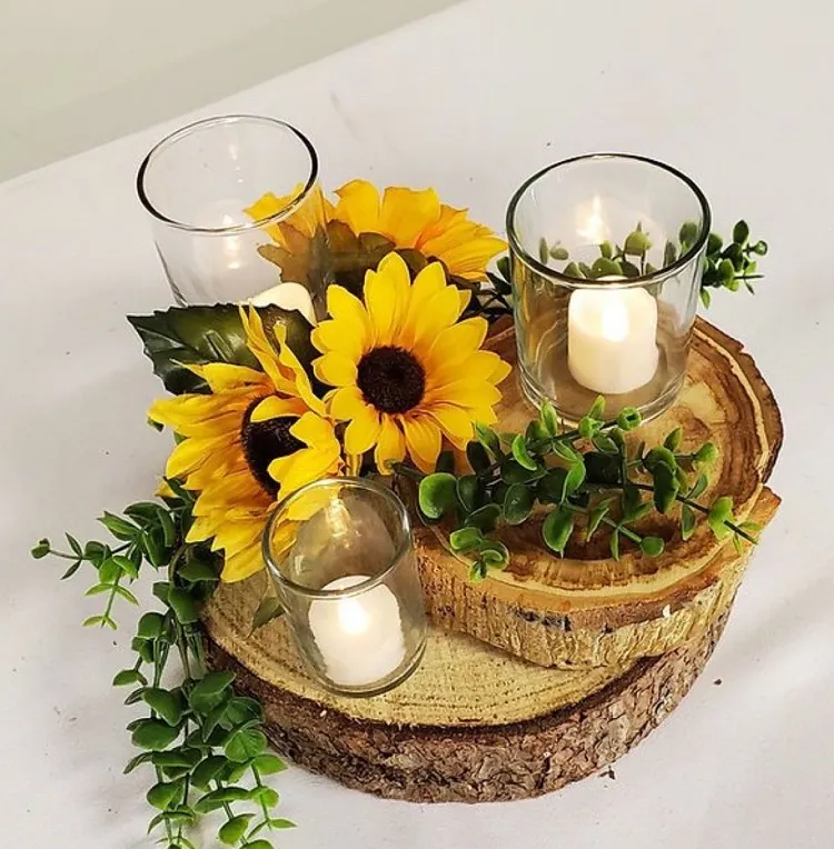 wooden autumn decoration ideas 2023 with sunflowers and candles
