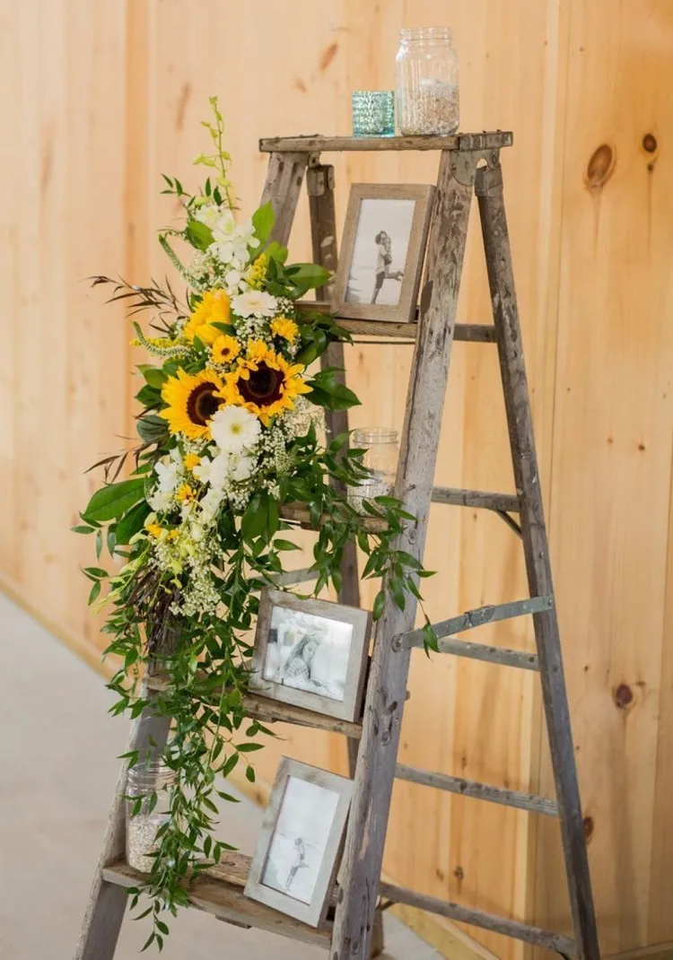wooden ladder fall decoration with sunflowers