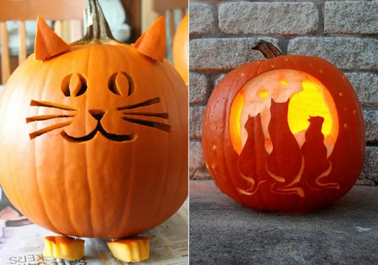 cat pumpkin carving using toothpicks to add additional elements