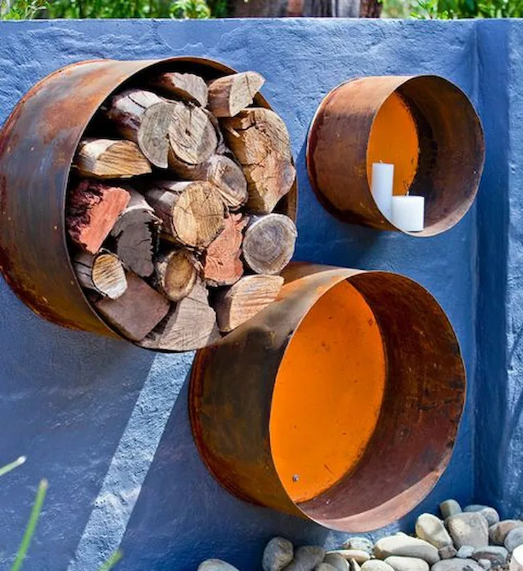 create functional diy garden decorations for storing firewood from rusty containers