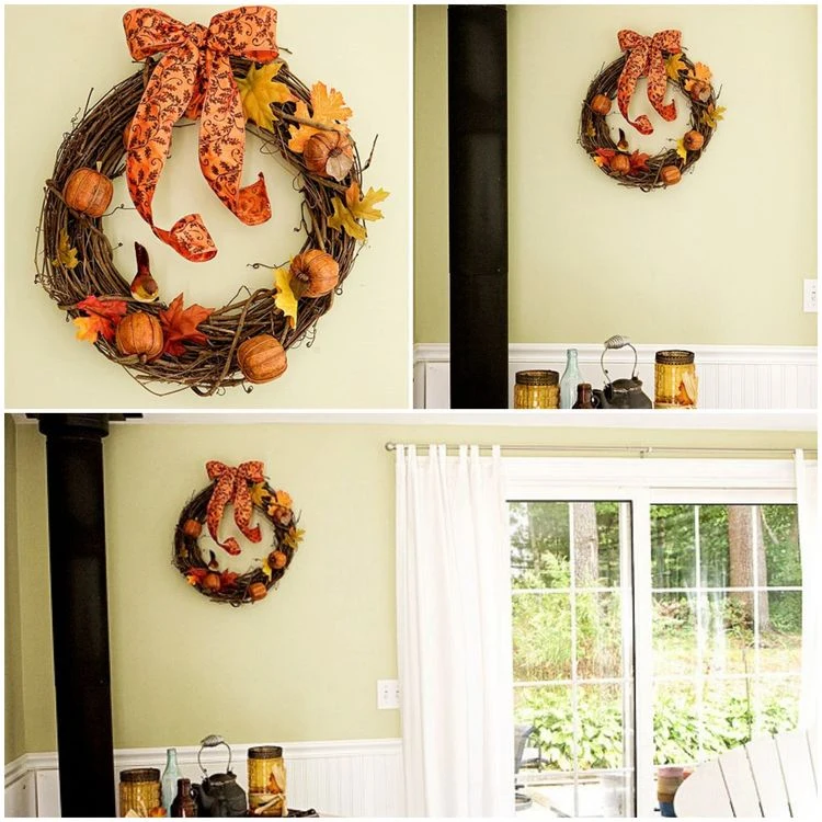 diy wreath with leaves and pumpkins