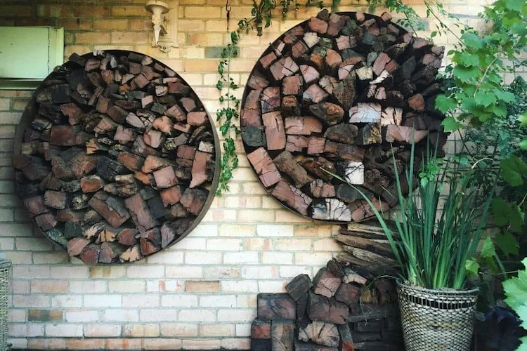 decorate house wall or garden wall with oval shelves for logs