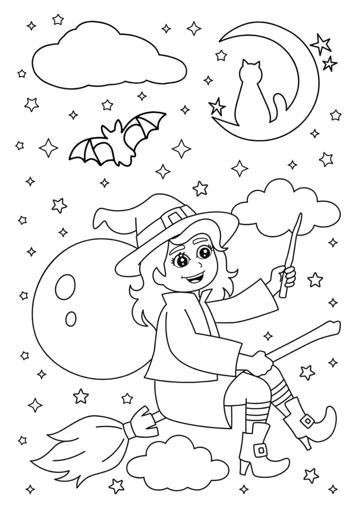free halloween coloring pages cute witch on a broomstick