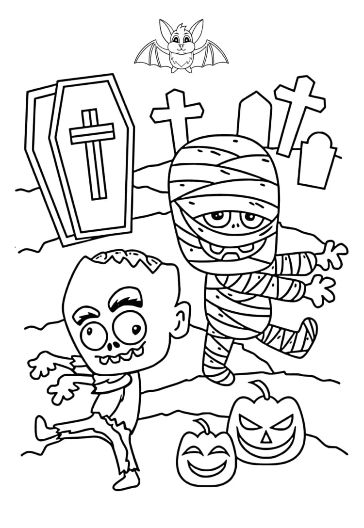 free printable halloween coloring pages mummy zombie bat and coffin