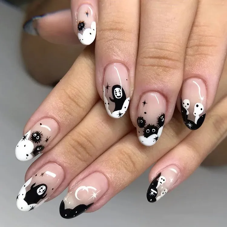 french halloween nails 2023 in black and white