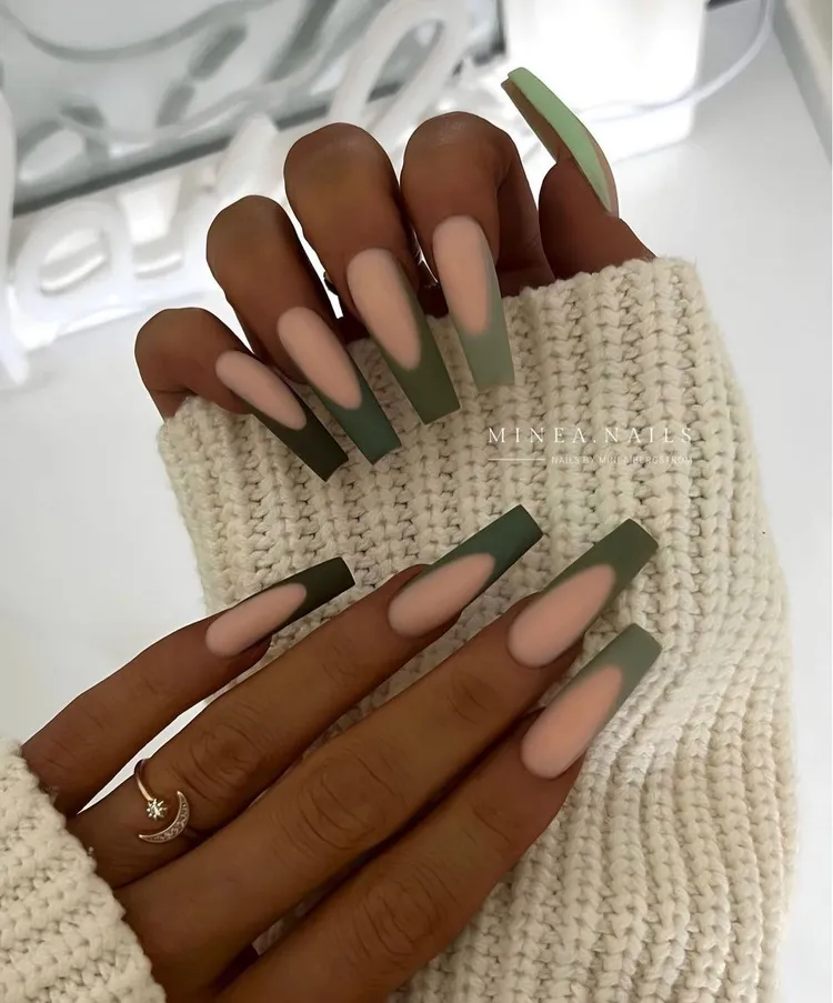 french manicure in matte green fake nails
