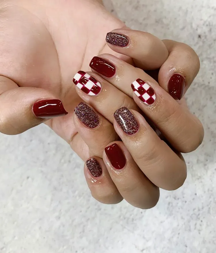 abstract fall glitter checkerboard cherry red nails design
