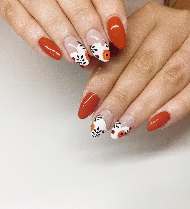 abstract floral french tips pumpkin spice nails