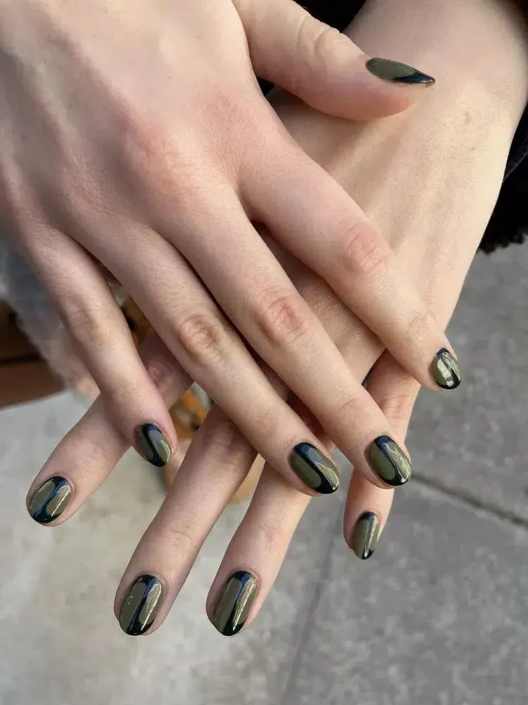 abstract green nail art on short nails