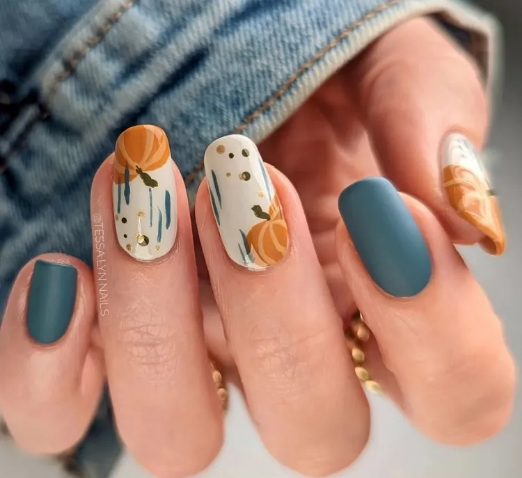 abstract pumpkin nails with matte nail polish