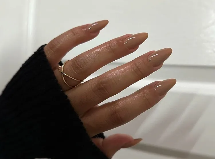 almond shaped nude nails glazed donut fall 2023