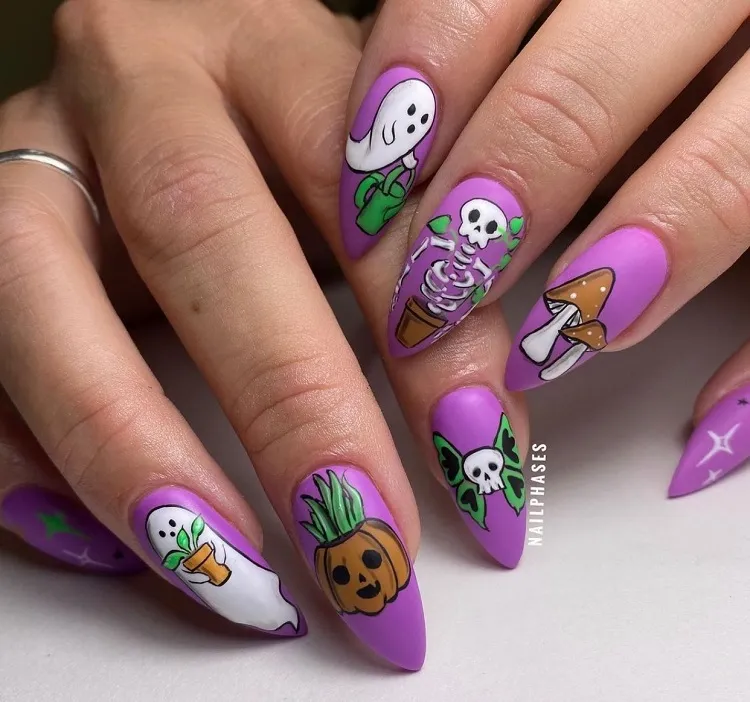 almond shaped purple halloween pumpkin nails