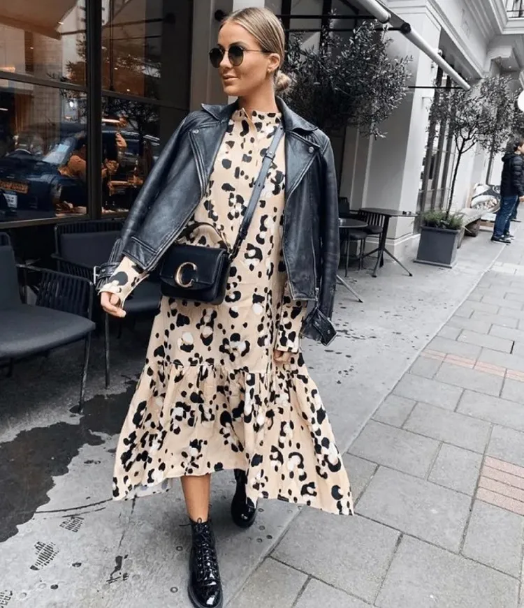 animal print maxi dress with a leather jacket