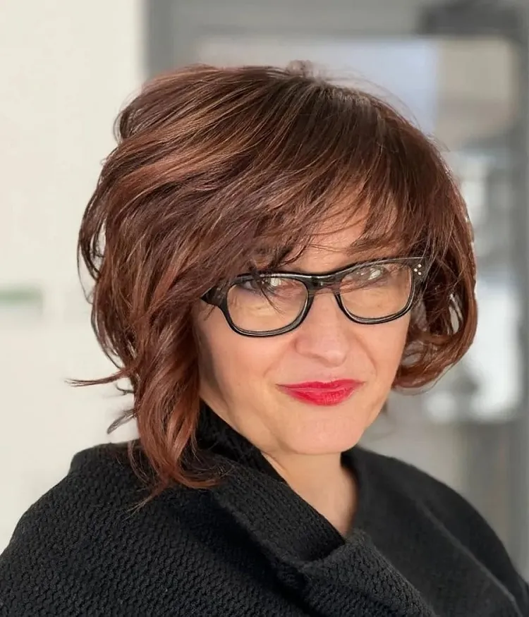 best bob with side swept bangs for women over 50 with glasses