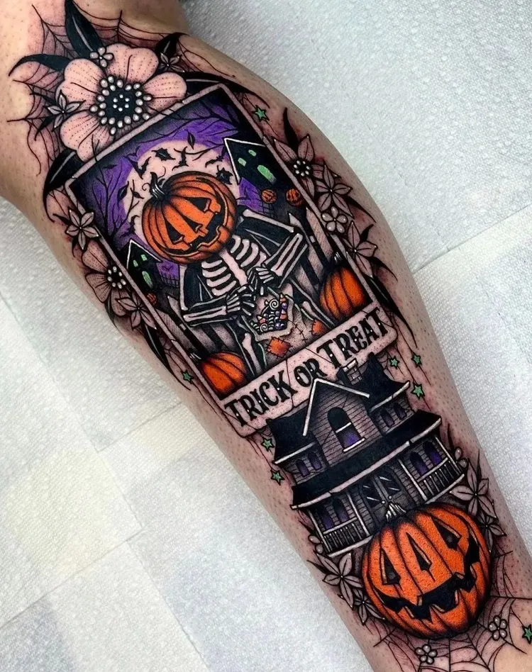 big colorful sleeve tattoo for halloween