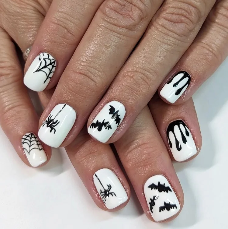 black and white short halloween nails