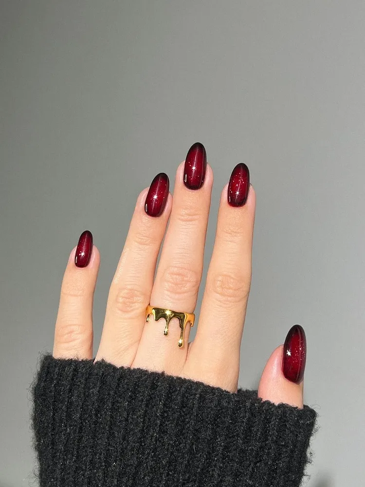 black dark cherry red aura nails fall manicure ideas 2023