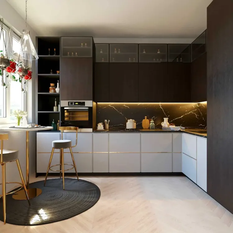 black white l shaped closed kitchen 2023 with small dining corner modern extra bar modern kitchen design
