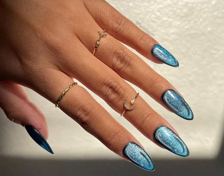 blue pop art cat eye nail design ideas manicure