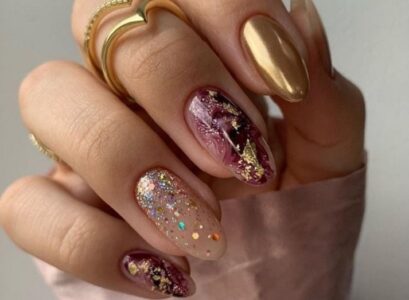 blueberry cheesecake nails gold chrome foil burgundy fall manicure design