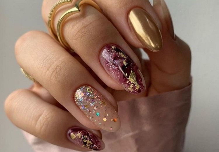 blueberry cheesecake nails gold chrome foil burgundy fall manicure design