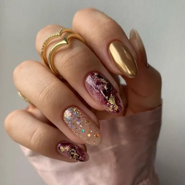 blueberry cheesecake nails gold chrome foil burgundy fall manicure design