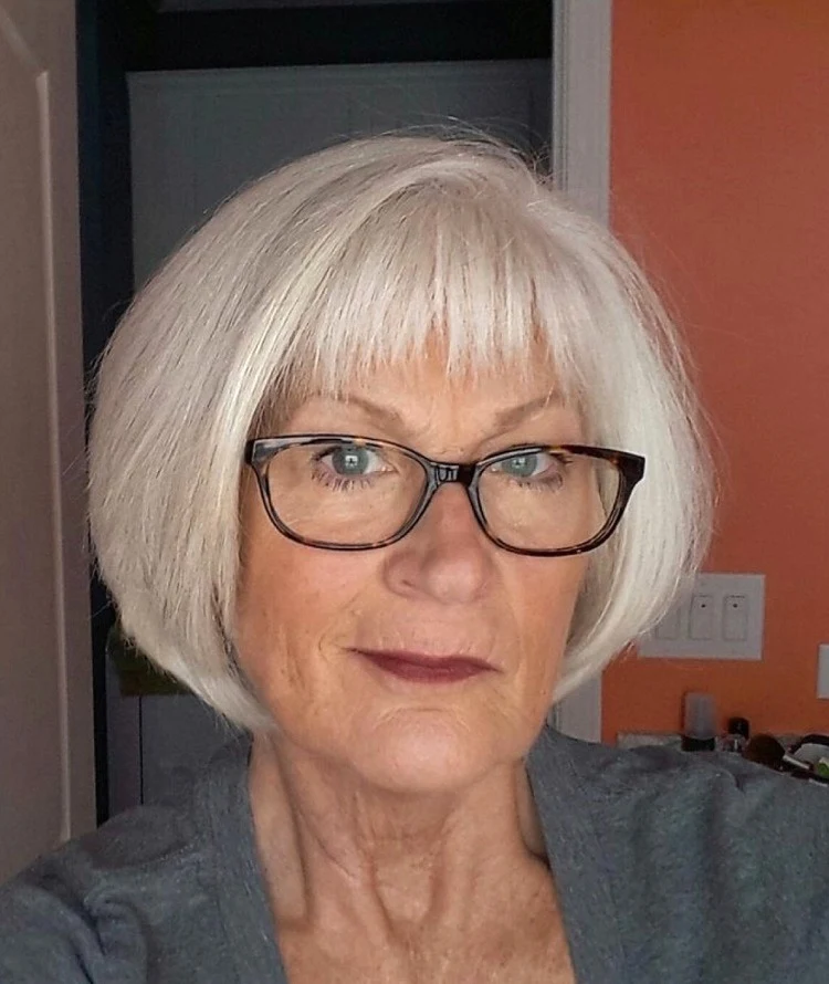 box bob haircut with bangs for women over 60 with glasses