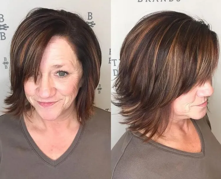 brown feathered bob with side bangs over 50