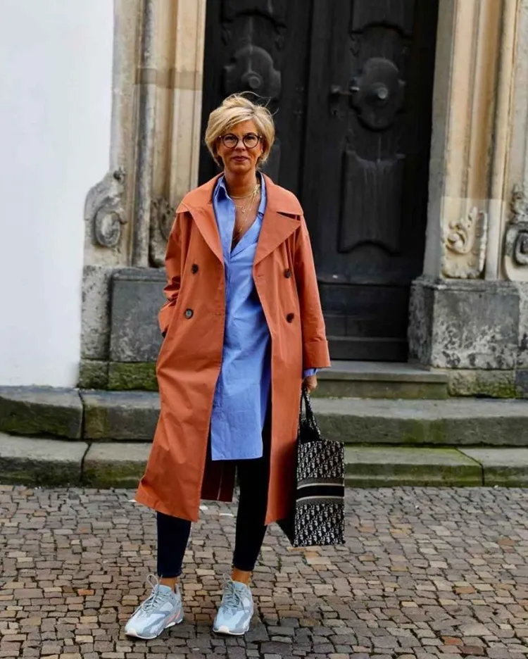 caramel trench coat blue oversized shirt complementary color combination fall outfit older women