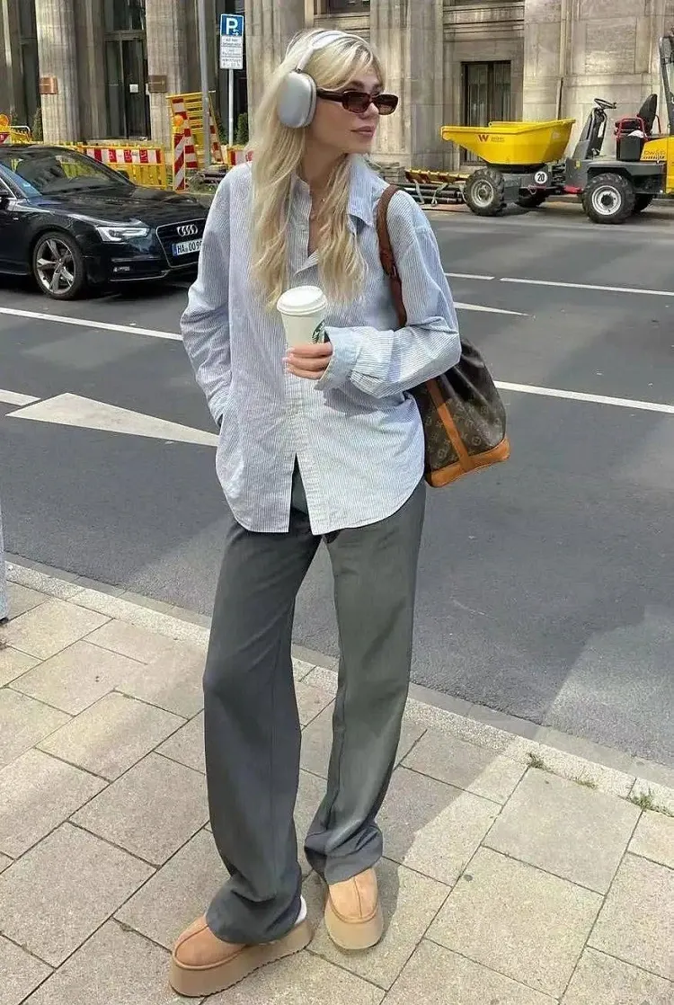 casual fall office outfit styling ugg slippers slingback muffin plus platform long baggy grey pants oversized button down shirt