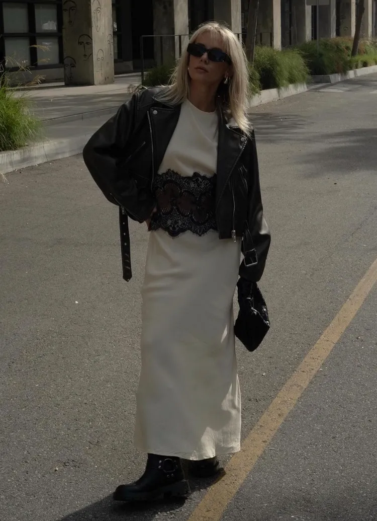 chic 90s maxi dress with chunky boots and a leather jacket