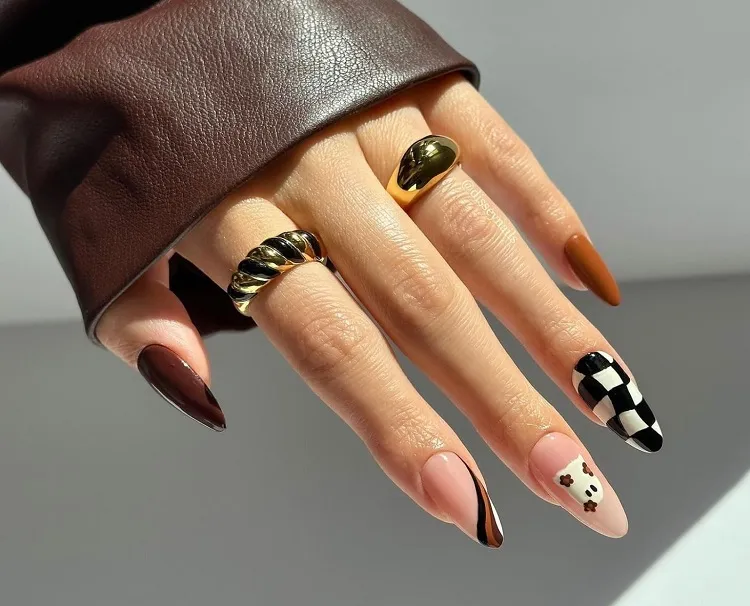 chic elegant halloween nails with brown black and white