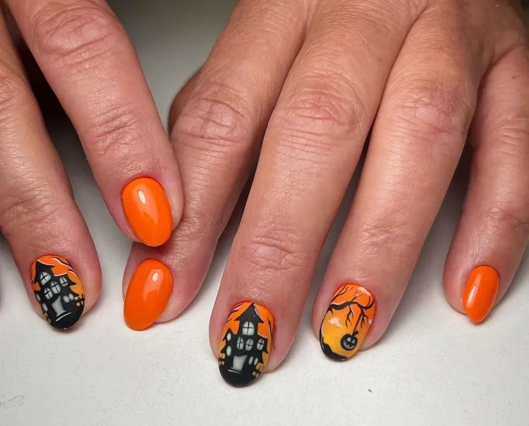 chic short orange halloween nails