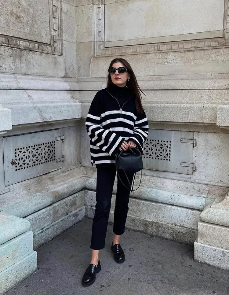 chunky loafers outfit slim trousers with chunky sweater for fall 2023 fashion trends