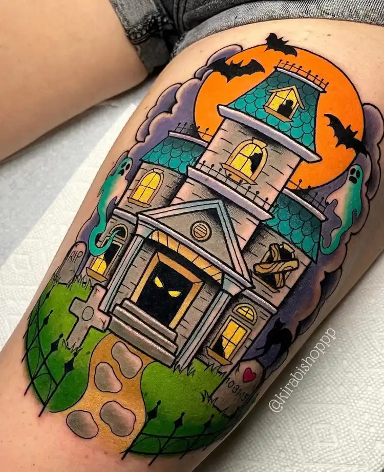 colorful big halloween tattoo for the leg