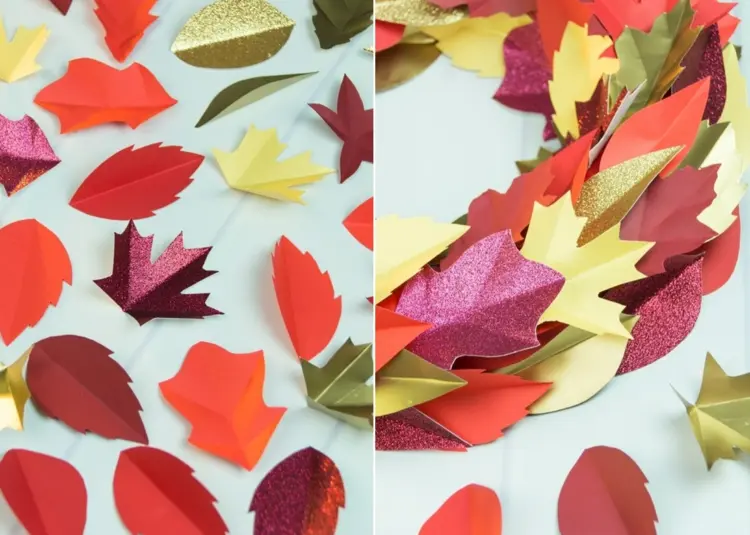 colourful paper leaves fold and glue on the wreath