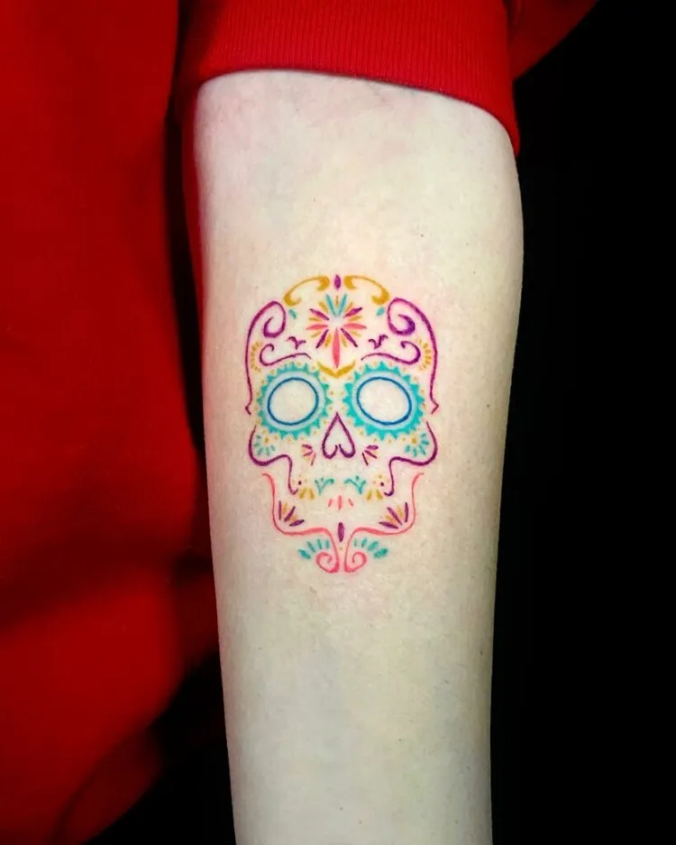 colourful small sugar skull tattoo design