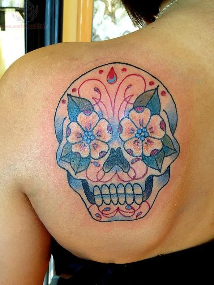 colourful sugar skull tattoo left shoulder