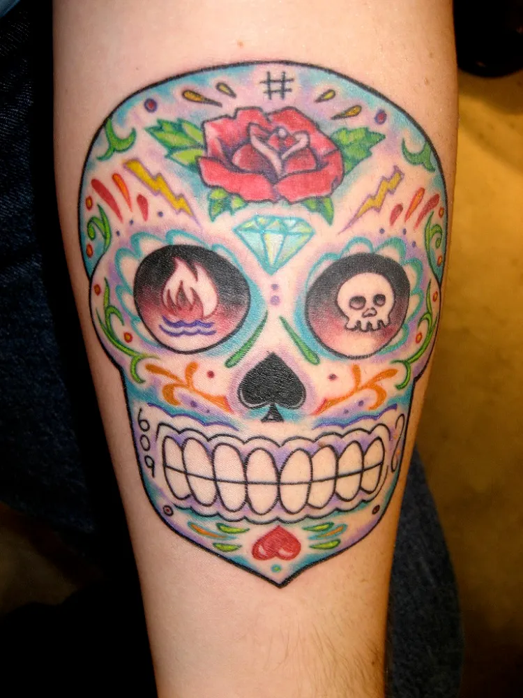 colourful sugar skull tattoo