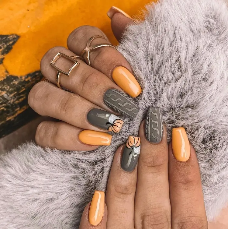 cute fall pumpkin nails sweater manicure ideas