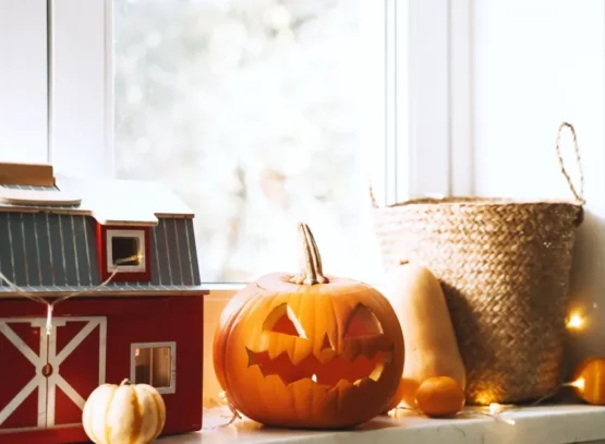 decorate a window for halloween with pumpkins in different sizes and faces