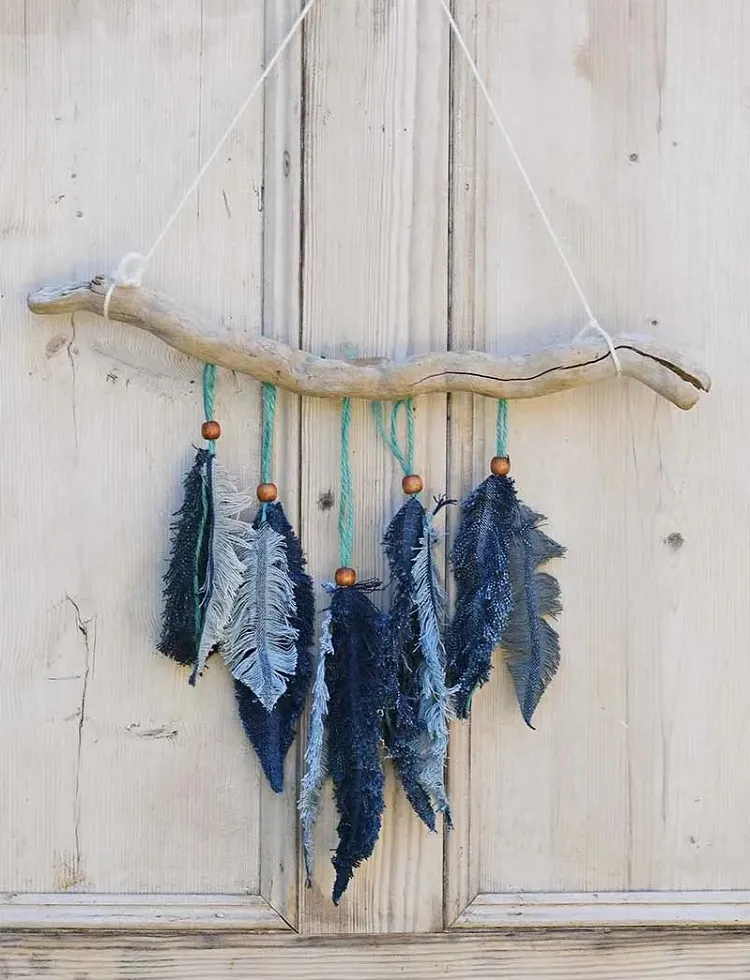 denim feather boho wall decoration for adults tutorial