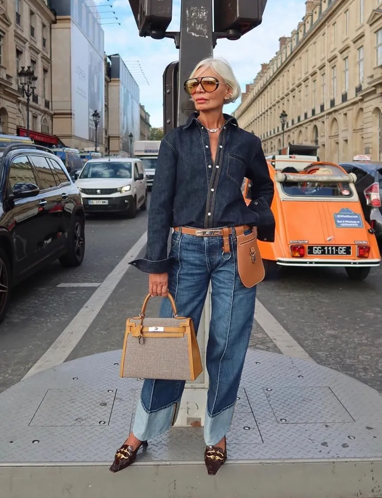 denim on denim fall outfit for women over 60