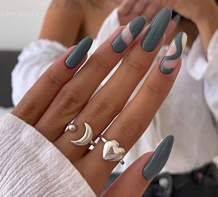 earthy grey almond shaped long nails fall trends 2023
